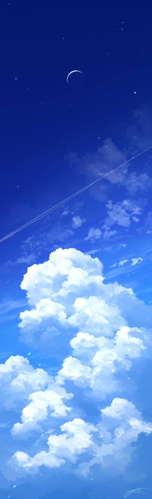 blue_sky, clouds, contrail, crescent_moon, day, highres, moon, no_humans