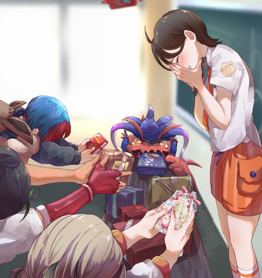 +_+, 1boy, 3girls, arven_(pokemon), black_hair, blue_hair, blurry, blurry_background