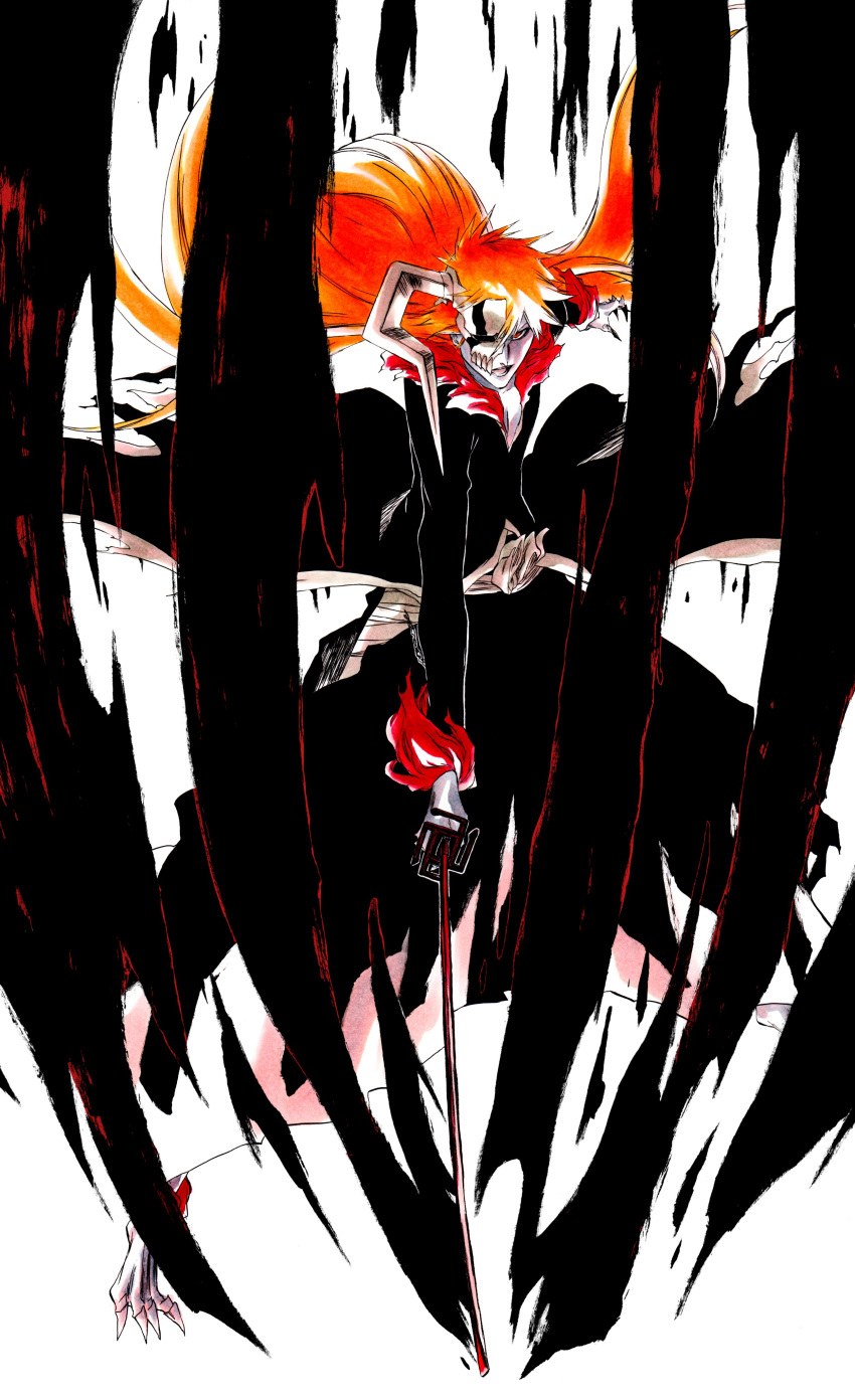 1boy, absurdres, alternate_form, aura, bankai, barefoot, black_jacket, black_pants, bleach, bleach:_brave_souls, clawed_feet, claws, colored_skin, dark_aura, fighting_stance, floating_clothes, floating_hair, fur_collar, fur_sleeves, fur_trim, hair_between_eyes, half_mask, highres, hip_vent, holding, holding_sword, holding_weapon, horns, jacket, ken'ichi_(ken1ro_u), kurosaki_ichigo, long_hair, long_sleeves, male_focus, mask, one_eye_covered, open_mouth, orange_eyes, orange_hair, pale_skin, pants, shihakusho, single_horn, sword, tensa_zangetsu_(bankai), weapon, white_skin