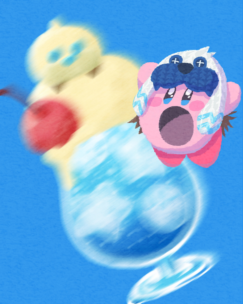 blue_background, blue_eyes, blush_stickers, cherry, commentary_request, copy_ability, drink, food