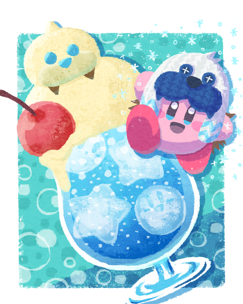 blue_eyes, blush_stickers, cherry, commentary_request, copy_ability, drink, food, food_focus