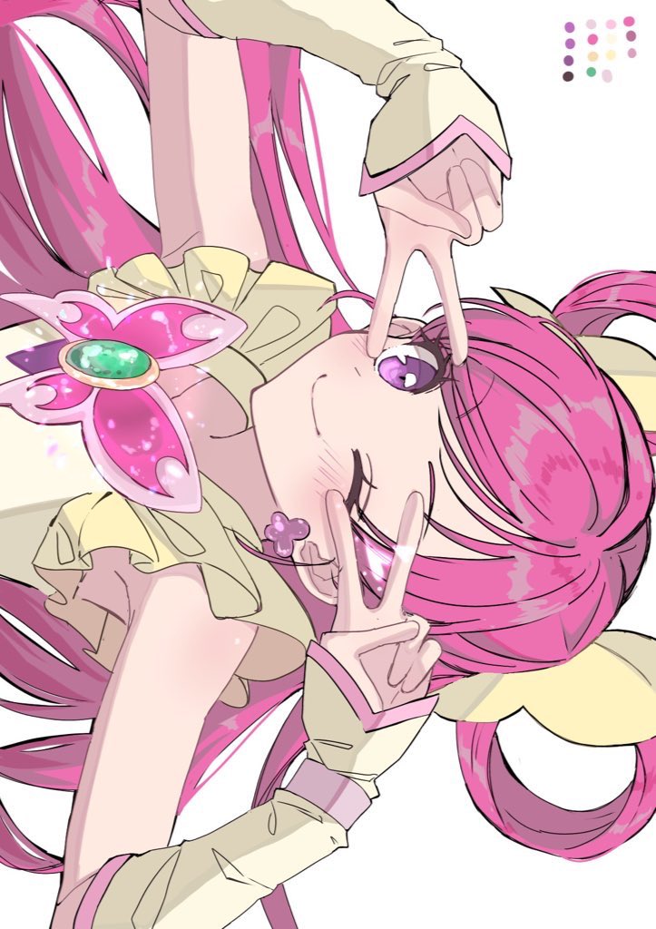 1girl, butterfly_brooch, butterfly_earrings, cure_dream, double_v, earrings, hair_rings, heart, irukaneko, jewelry, long_hair, magical_girl, one_eye_closed, pink_hair, precure, solo, swept_bangs, v, violet_eyes, yes!_precure_5, yumehara_nozomi