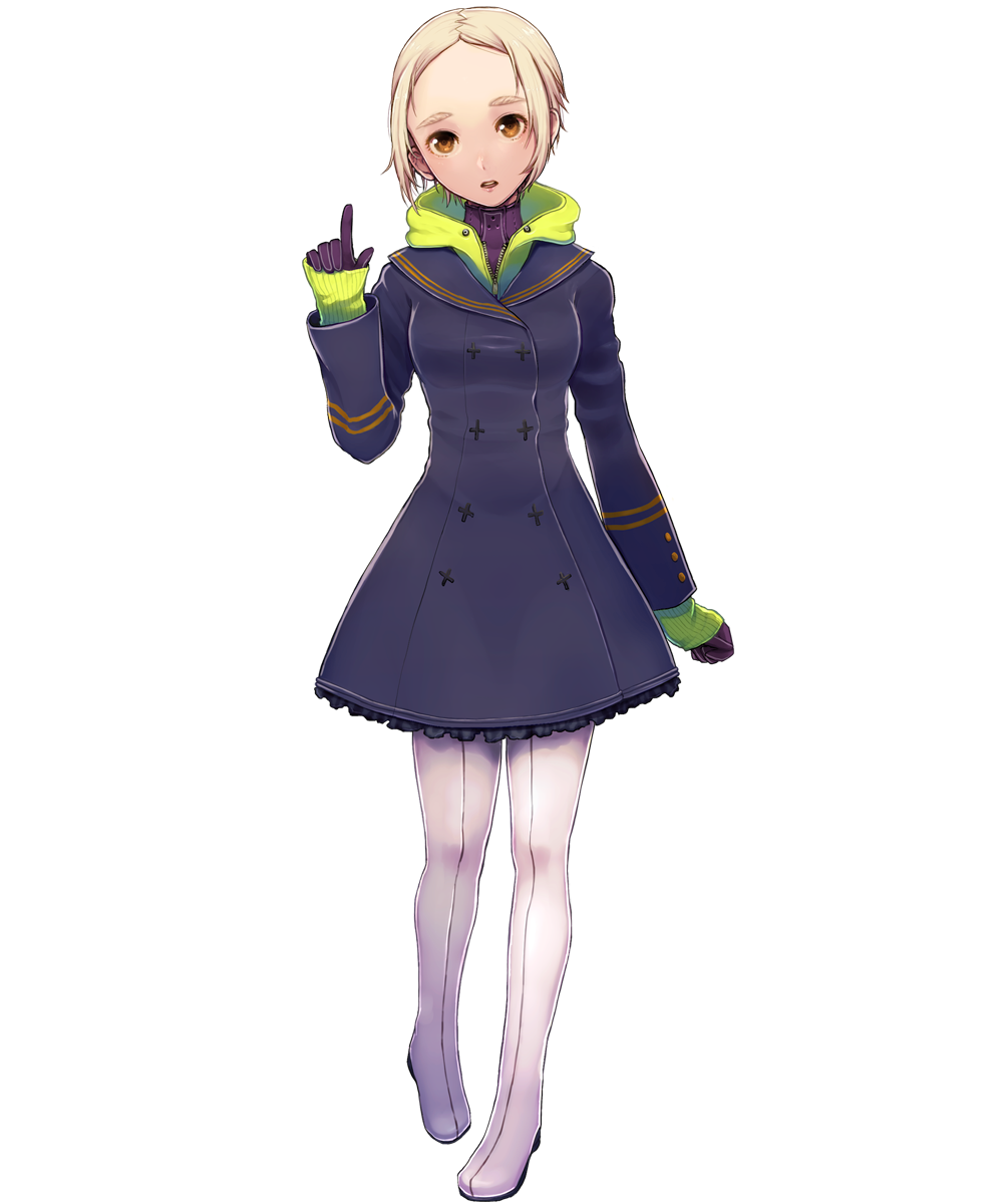 1girl, black_coat, black_gloves, blonde_hair, boots, breasts, brown_eyes, coat, full_body, gloves, highres, index_finger_raised, long_sleeves, looking_at_viewer, mak_(anparo), mujika_(utau), short_hair, sleeves_past_wrists, small_breasts, solo, standing, thick_eyebrows, thigh_boots, transparent_background, utau, white_footwear