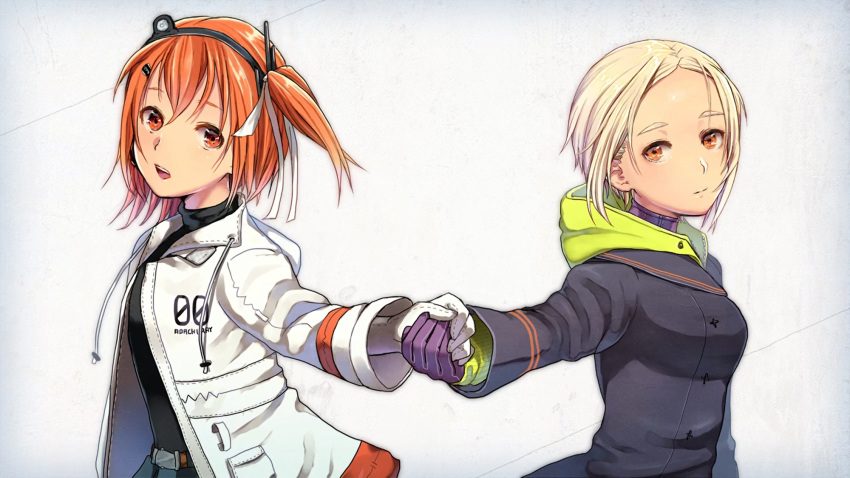 2girls, a.i._voice, adachi_rei, artist_request, belt, black_coat, black_shirt, blonde_hair