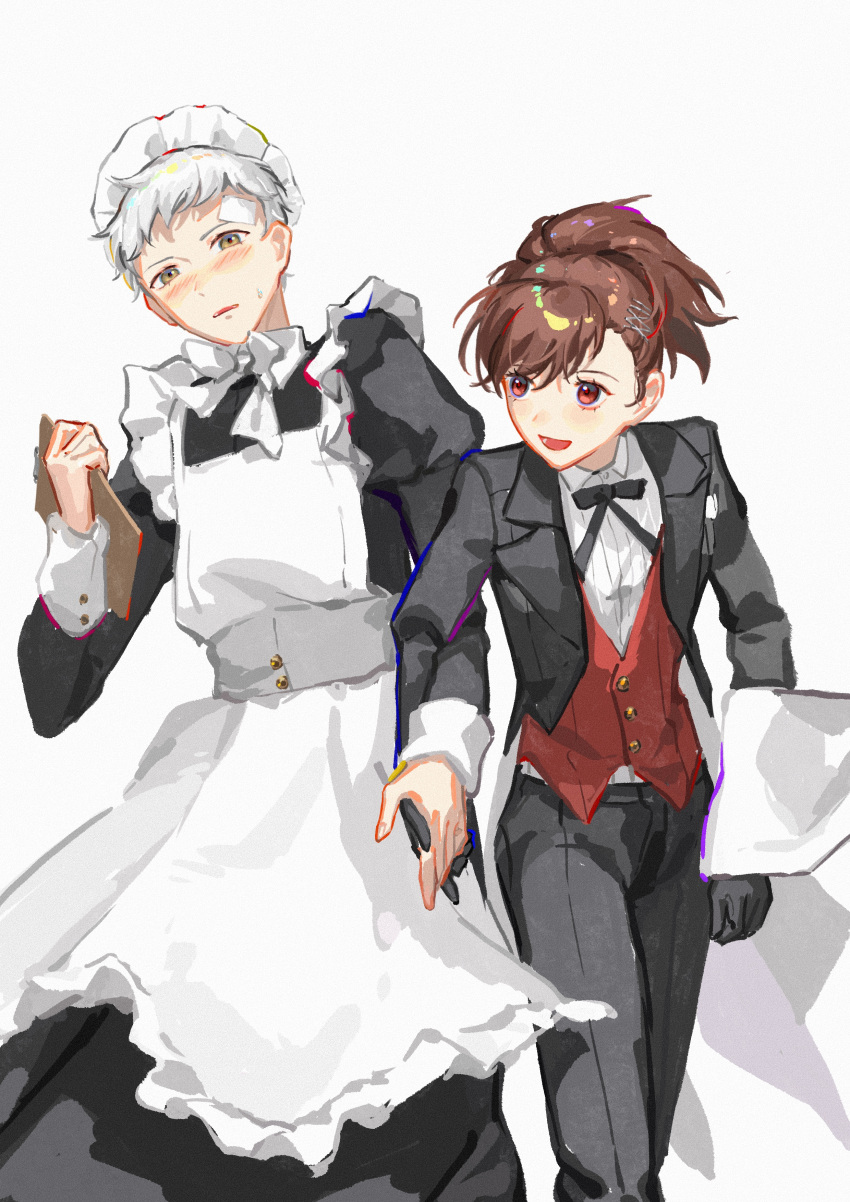 1boy, 1girl, :d, absurdres, alternate_costume, apron, black_bow, blush