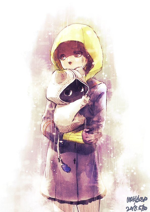 1boy, 1girl, abstract_background, animal_ear_hood, baby_carry, blonde_hair, border, buttons