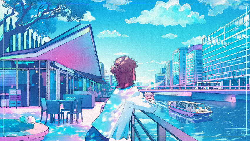 1girl, against_railing, animal, blue_sky, boat, border, bridge, brown_hair, building, bus, cafe, cat, chair, city, clouds, coffee, commission, cup, dappled_sunlight, day, disposable_cup, facing_away, fukuoka_(city), hair_bun, half_updo, hareno_garden, highres, holding, holding_cup, long_sleeves, medium_hair, motor_vehicle, original, outdoors, railing, real_world_location, river, scenery, shirt, single_hair_bun, sky, solo, standing, steam, sunlight, table, tree, upper_body, wacca005, water, watercraft, white_cat, white_shirt