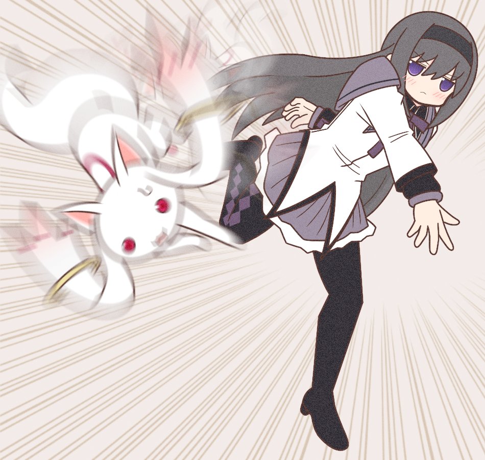 1girl, 1other, akemi_homura, anime_girl_throwing_things_(meme), black_capelet, black_footwear, black_hair, black_hairband