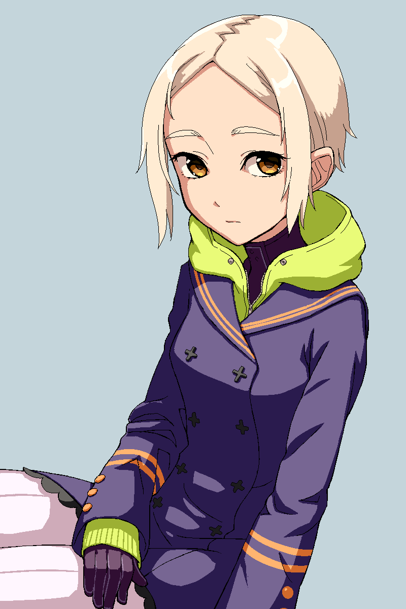 1girl, black_gloves, blonde_hair, breasts, brown_eyes, buttons, closed_mouth, coat