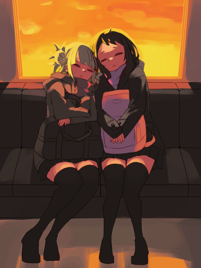 2girls, bag, black_bag, black_coat, black_skirt, black_thighhighs, blonde_hair, blunt_bangs
