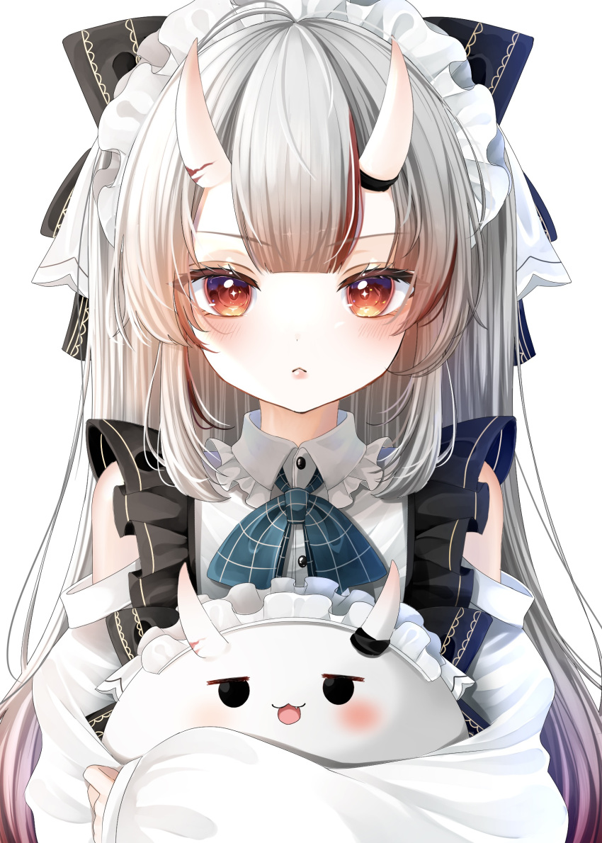 1girl, absurdres, black_bow, blue_ribbon, blush, bow, closed_mouth, clothing_cutout, collared_shirt, commentary, creature, expressionless, frilled_hairband, frilled_shirt, frilled_shirt_collar, frills, gradient_hair, grey_hair, hair_bow, hairband, highres, hololive, horns, lolita_fashion, lolita_hairband, long_hair, long_sleeves, multicolored_hair, nakiri_ayame, nakiri_ayame_(3rd_costume), neck_ribbon, official_alternate_costume, official_alternate_hairstyle, ohagetty, oni_horns, poyoyo_(nakiri_ayame), red_eyes, redhead, ribbon, shirt, shoulder_cutout, simple_background, skin-covered_horns, streaked_hair, suspenders, upper_body, virtual_youtuber, white_background, white_shirt