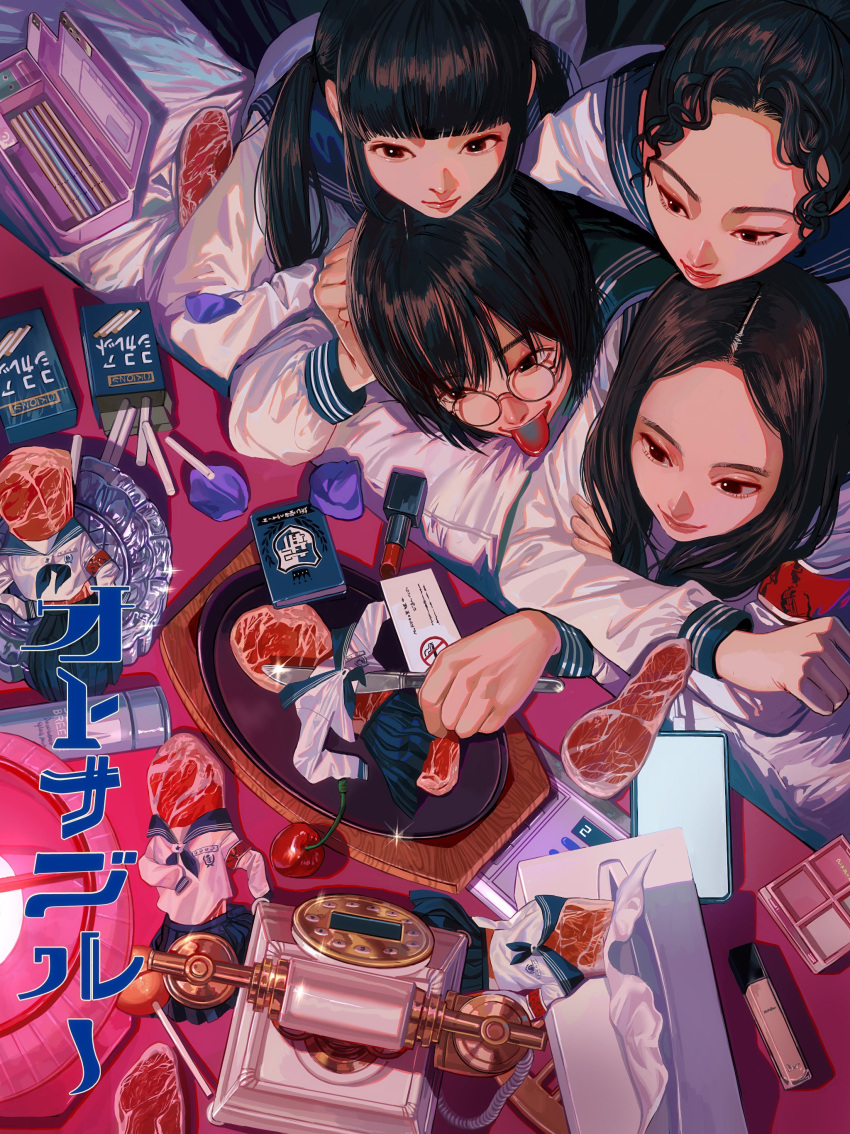4girls, absurdres, antique_phone, armband, atarashii_gakko!, black_eyes, black_hair, candy