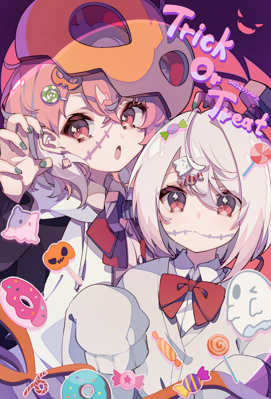 2girls, bow, candy, candy_wrapper, captain_yue, cardigan, christmas_cracker, claw_pose