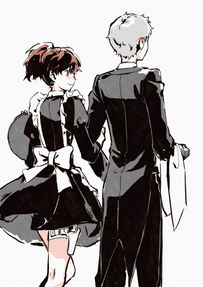 1boy, 1girl, absurdres, alternate_costume, apron, black_dress, black_jacket, bow