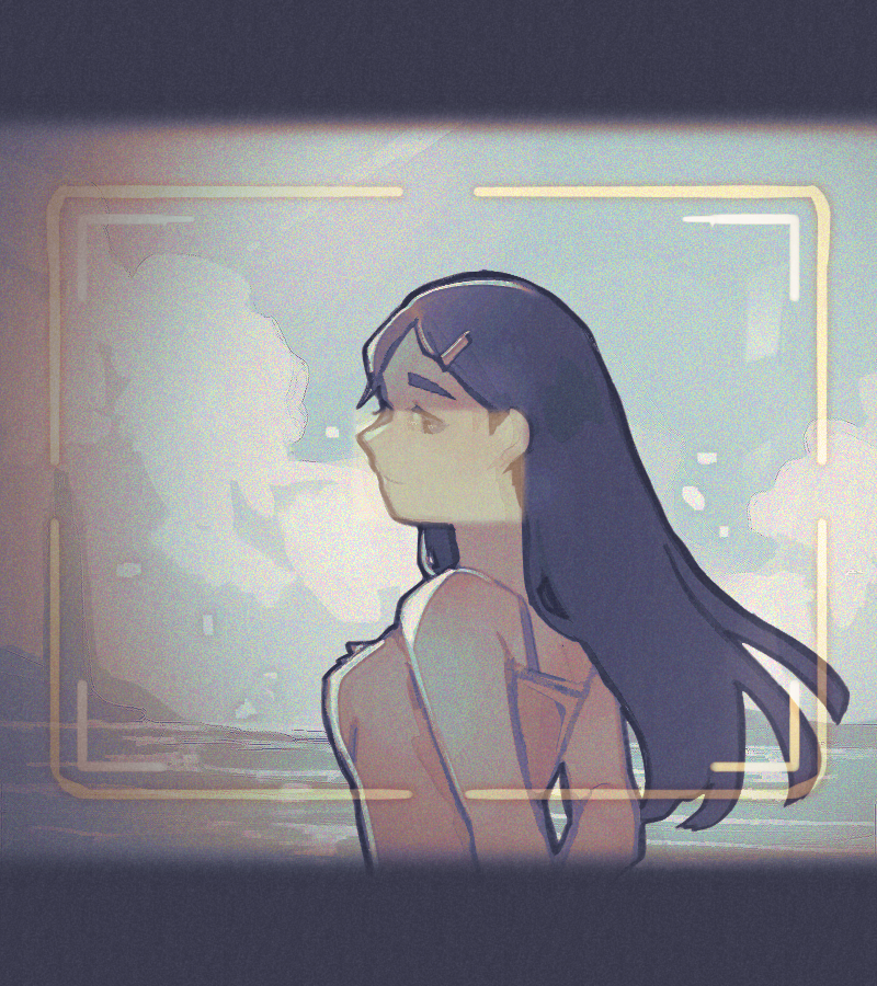1girl, black_hair, breasts, brown_eyes, closed_mouth, clouds, cloudy_sky, cropped_arms