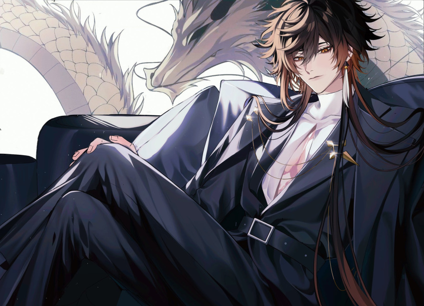 1boy, alternate_costume, bishounen, brown_eyes, brown_hair, dragon, eastern_dragon, genshin_impact