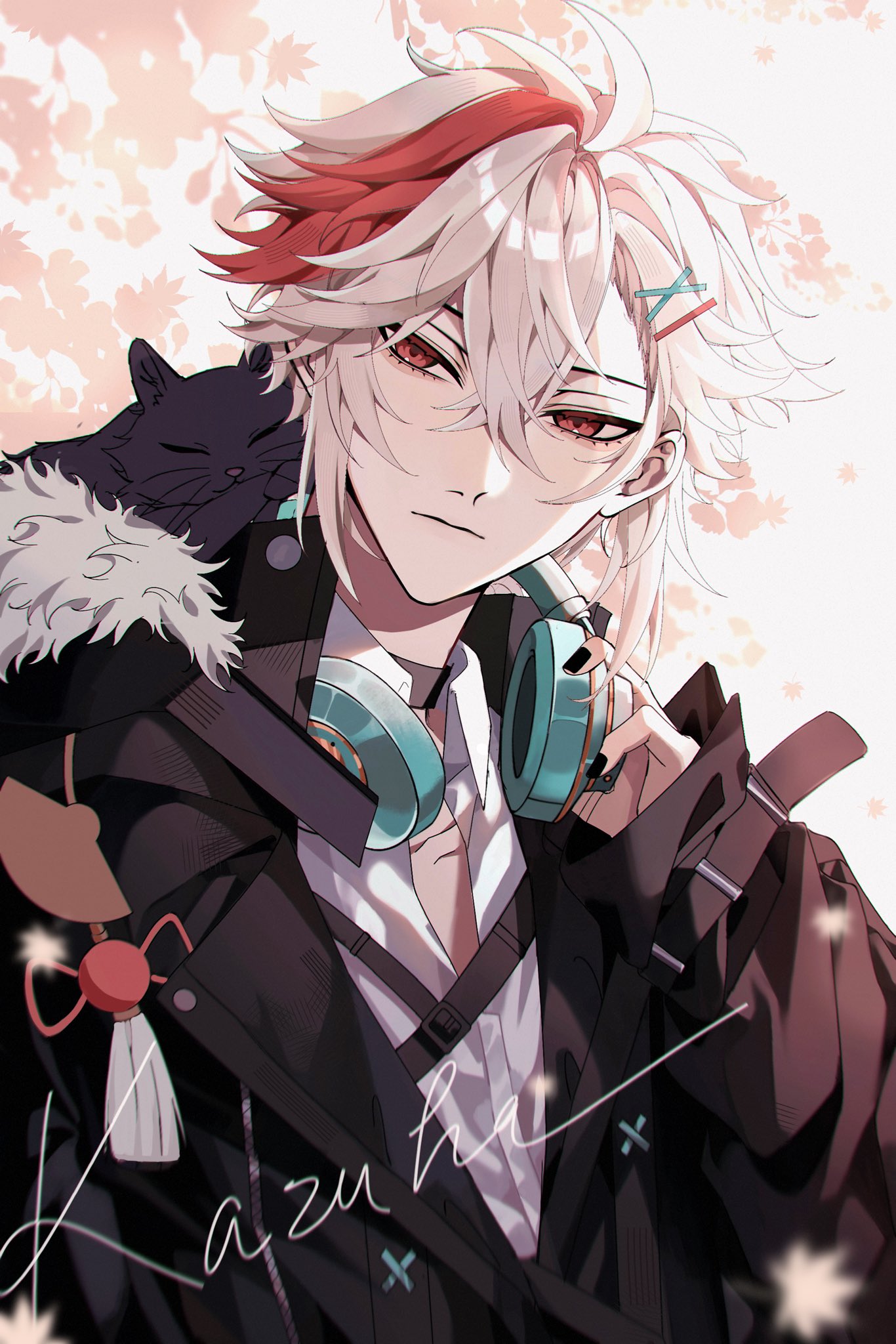 1boy, alternate_costume, bishounen, black_cat, black_nails, cat, character_name, genshin_impact