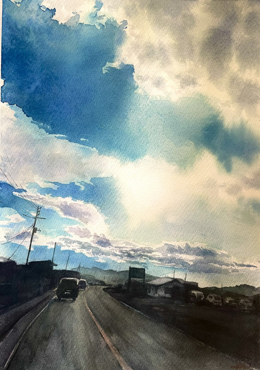 blue_sky, building, car, clouds, cloudy_sky, day, highres, highway, motor_vehicle, no_humans, original, painting_(medium), power_lines, road, scenery, shibakaka, sky, traditional_media, utility_pole, watercolor_(medium)