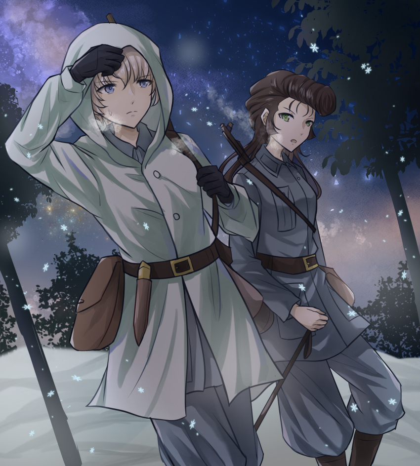 2girls, adjusting_hood, belt, black_belt, black_footwear, black_gloves, blue_eyes, blue_jacket