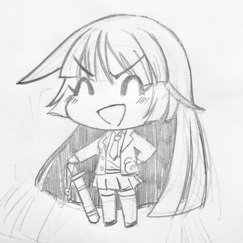 1girl, :d, ^_^, blunt_bangs, chibi, closed_eyes, full_body, graphite_(medium), hand_on_weapon, highres, long_hair, necktie, open_mouth, photo_(medium), protagonist_2_(housamo), school_uniform, sidelocks, skirt, smile, solo, sword, thigh-highs, tokyo_afterschool_summoners, traditional_media, uden_(udeden_odon), v-shaped_eyebrows, weapon