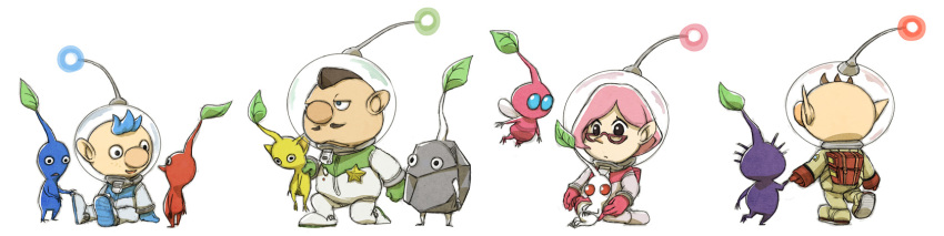 1girl, 3boys, alph_(pikmin), backpack, badge, bag, big_nose, black_eyes