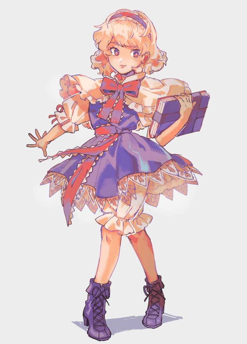 1girl, alice_margatroid, black_bow, black_footwear, blonde_hair, bloomers, blue_dress, blush_stickers