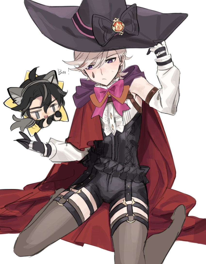 2boys, ameman, animal_ears, bishounen, black_hair, chibi, fake_animal_ears, full_body
