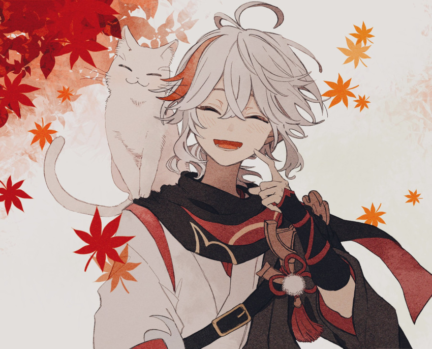 1boy, ahoge, bishounen, cat, closed_eyes, genshin_impact, highres, japanese_clothes, kaedehara_kazuha, leaf, male_focus, maple_leaf, marmochi, multicolored_hair, redhead, simple_background, solo, streaked_hair, upper_body, white_cat, white_hair