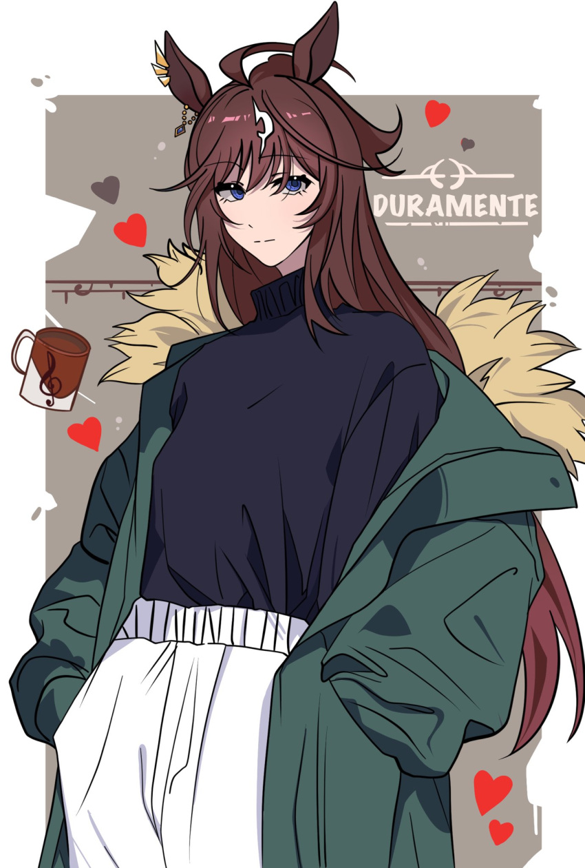 1girl, ahoge, alternate_costume, animal_ears, black_shirt, blue_eyes, brown_hair, casual, character_name, closed_mouth, coat, coffee_cup, cowboy_shot, cup, disposable_cup, duramente_(umamusume), fur-trimmed_coat, fur_trim, green_coat, hands_in_own_hair, heart, highres, horse_ears, kukmmo, long_hair, long_sleeves, looking_at_viewer, multicolored_hair, open_clothes, open_coat, pants, shirt, shirt_tucked_in, solo, streaked_hair, turtleneck, umamusume, white_pants