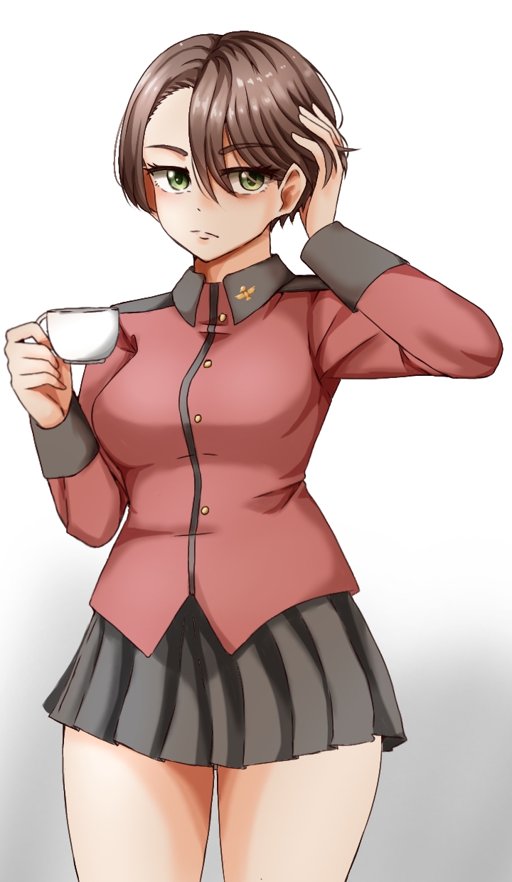 1girl, black_skirt, brown_hair, closed_mouth, commentary, cowboy_shot, cup, english_commentary