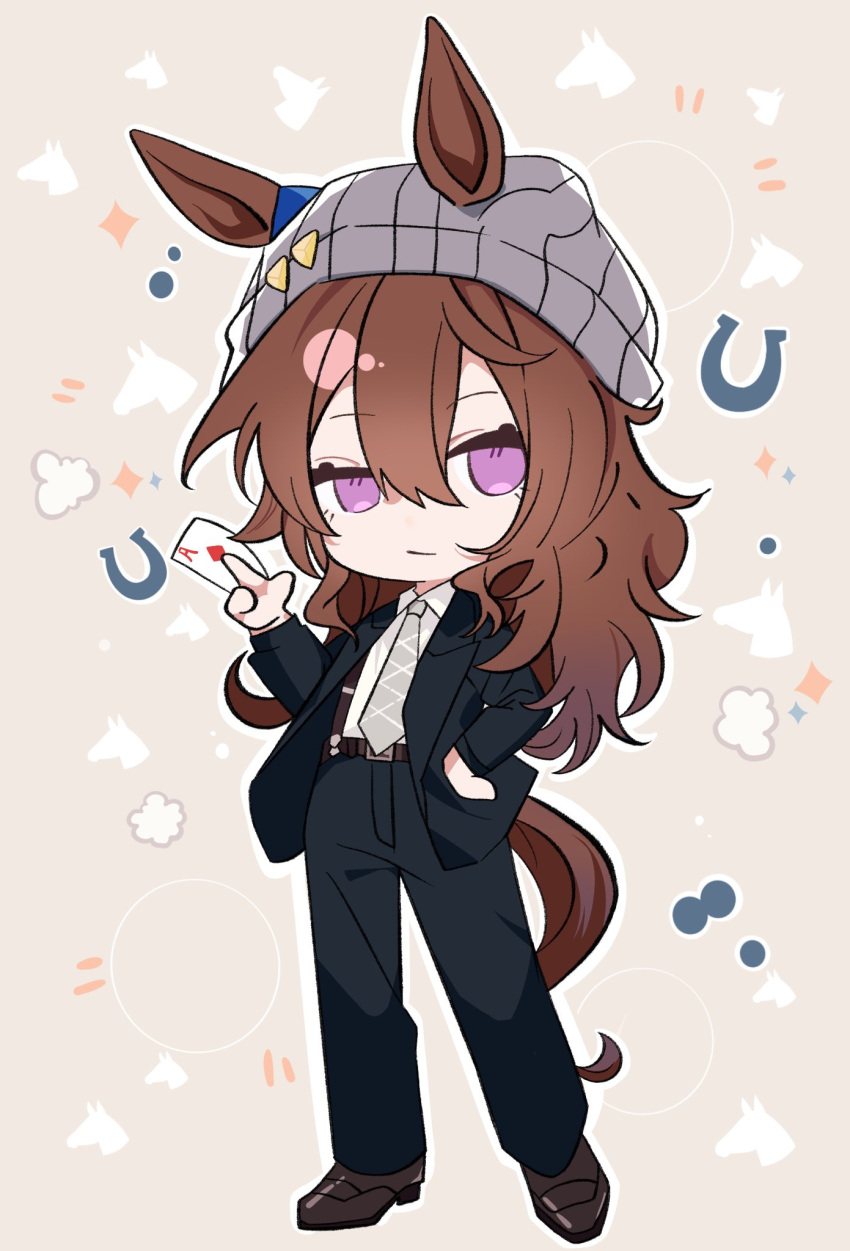 1girl, ace_(playing_card), ace_of_diamonds, alternate_costume, animal_ears, beanie, belt, black_jacket