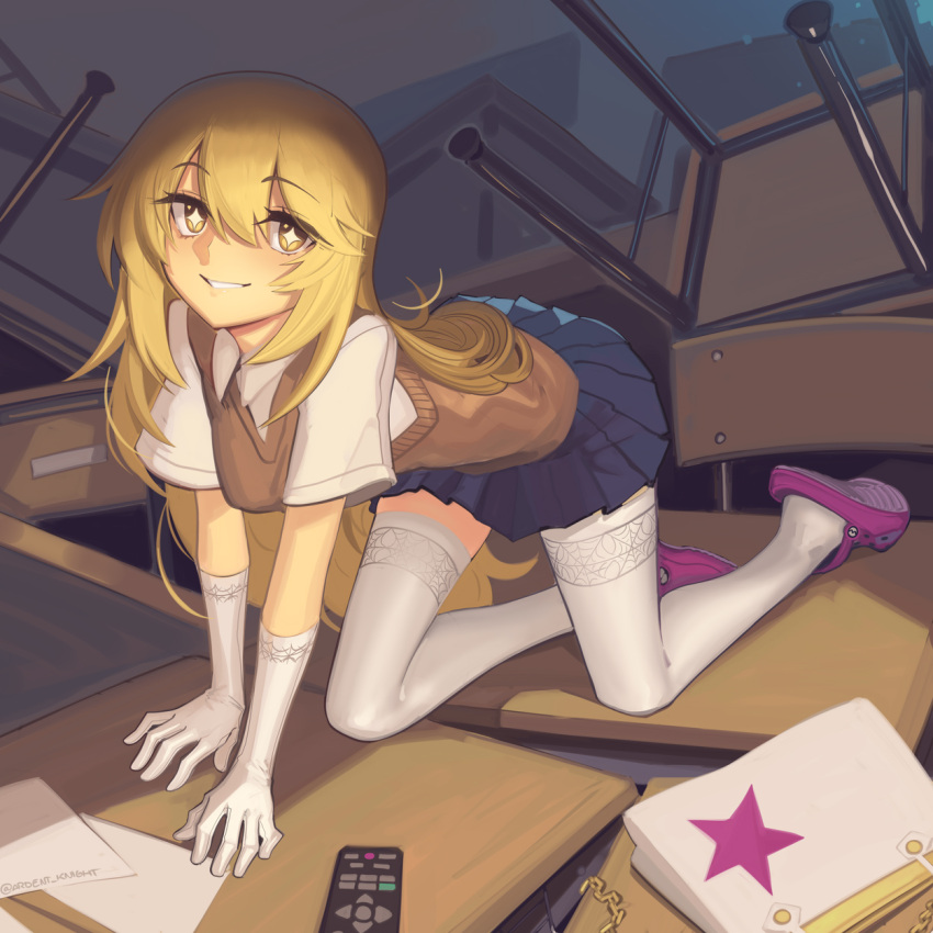 1girl, all_fours, alternate_footwear, bag, black_skirt, blonde_hair, boa_(brianoa), brown_eyes