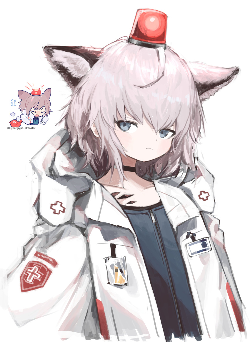 1girl, absurdres, animal_ear_fluff, animal_ears, arknights, arms_at_sides, black_choker, black_jacket