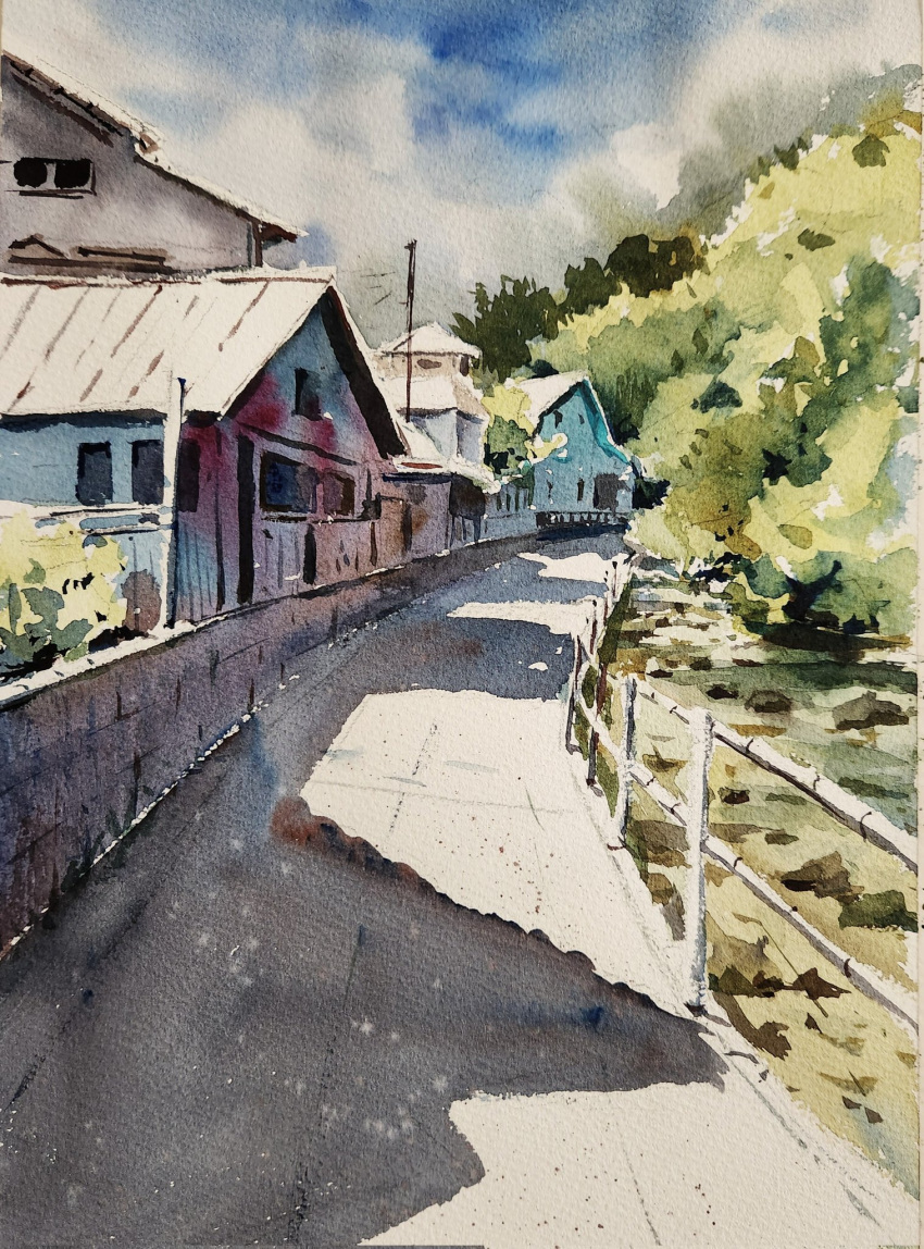 akemisuisai, bare_tree, blue_sky, building, clouds, cloudy_sky, day, forest, highres, nature, no_humans, original, painting_(medium), path, scenery, sketch, sky, traditional_media, tree, watercolor_(medium)