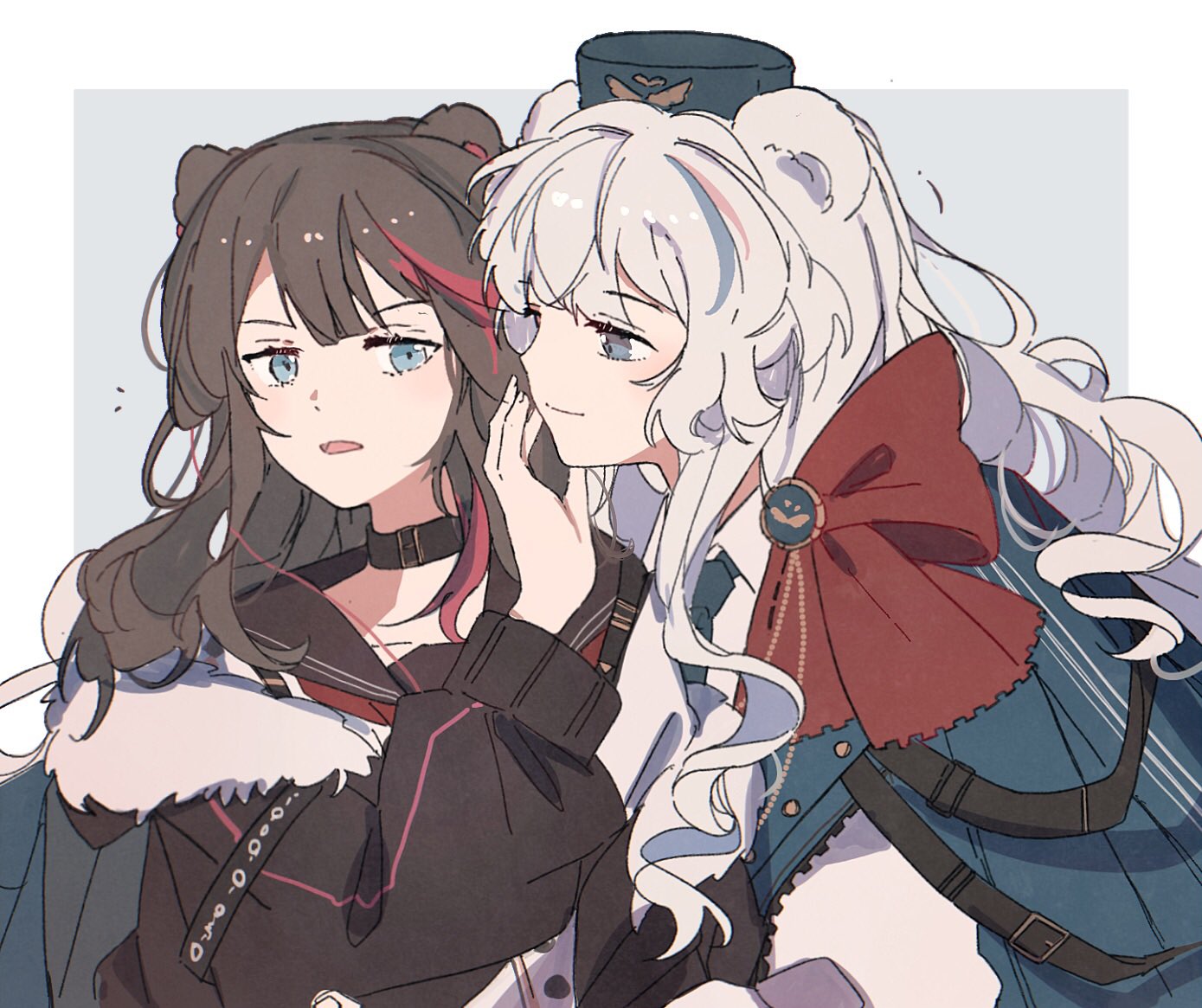 2girls, animal_ears, arknights, bear_ears, bear_girl, blue_hair, blue_headwear, blue_jacket, blush, border, bow, brown_hair, brown_jacket, brown_sailor_collar, earphones, earphones, fur-trimmed_jacket, fur_trim, grey_background, hat, headphones_for_animal_ears, jacket, long_hair, long_sleeves, multicolored_hair, multiple_girls, neckerchief, open_mouth, outside_border, pink_hair, red_bow, red_neckerchief, redhead, rosa_(arknights), sailor_collar, seri_(vyrlw), simple_background, smile, streaked_hair, upper_body, white_border, white_hair, yuri, zima_(arknights)