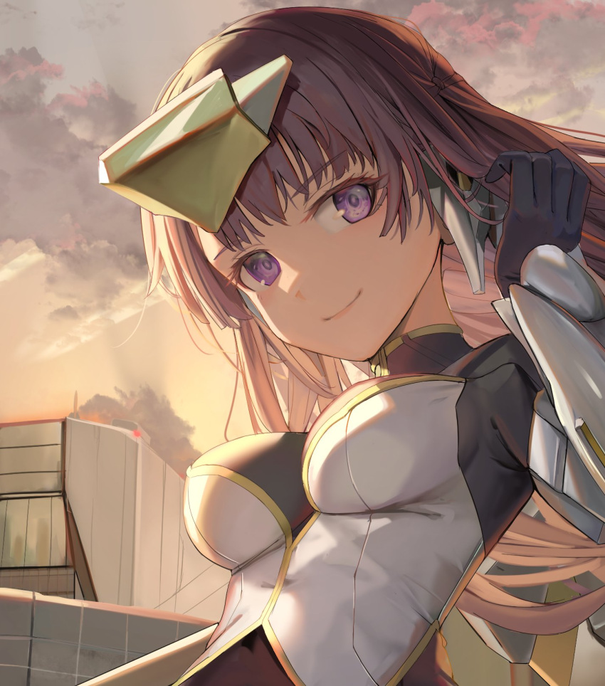 1girl, alice_gear_aegis, black_gloves, brown_hair, closed_mouth, commentary_request, dark_skin, fatima_betrorum