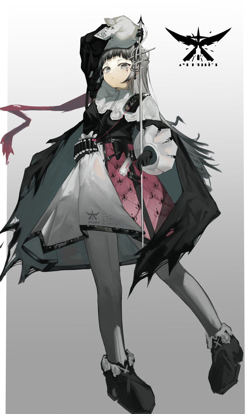 1girl, absurdres, ammunition_belt, arknights, arm_up, black_cape, black_dress, black_footwear