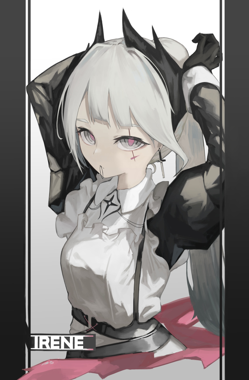1girl, absurdres, arknights, arms_behind_head, arms_up, closed_mouth, commentary_request, cross