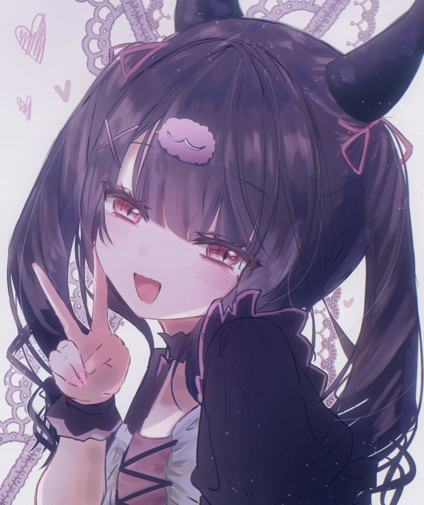 1girl, :d, black_choker, black_hair, blunt_bangs, blush, choker, commentary, demon_horns, denonbu, grey_background, hair_ornament, hair_ribbon, hand_up, heart, highres, horns, long_hair, looking_at_viewer, open_mouth, pink_ribbon, puffy_short_sleeves, puffy_sleeves, purumeria_36, red_eyes, reml, ribbon, short_sleeves, slit_pupils, smile, solo, symbol-only_commentary, twintails, upper_body, wrist_cuffs, x_hair_ornament