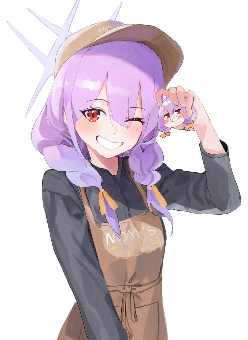 1girl, absurdres, apron, atsuko's_grin_(meme), atsuko_(blue_archive), black_shirt, blue_archive, blush, braid, brown_apron, brown_headwear, collared_shirt, ggab0621, grin, halo, hat, highres, long_hair, long_sleeves, looking_at_viewer, meme, mom's_touch, one_eye_closed, purple_hair, purple_halo, red_eyes, shirt, simple_background, smile, solo, twin_braids, white_background