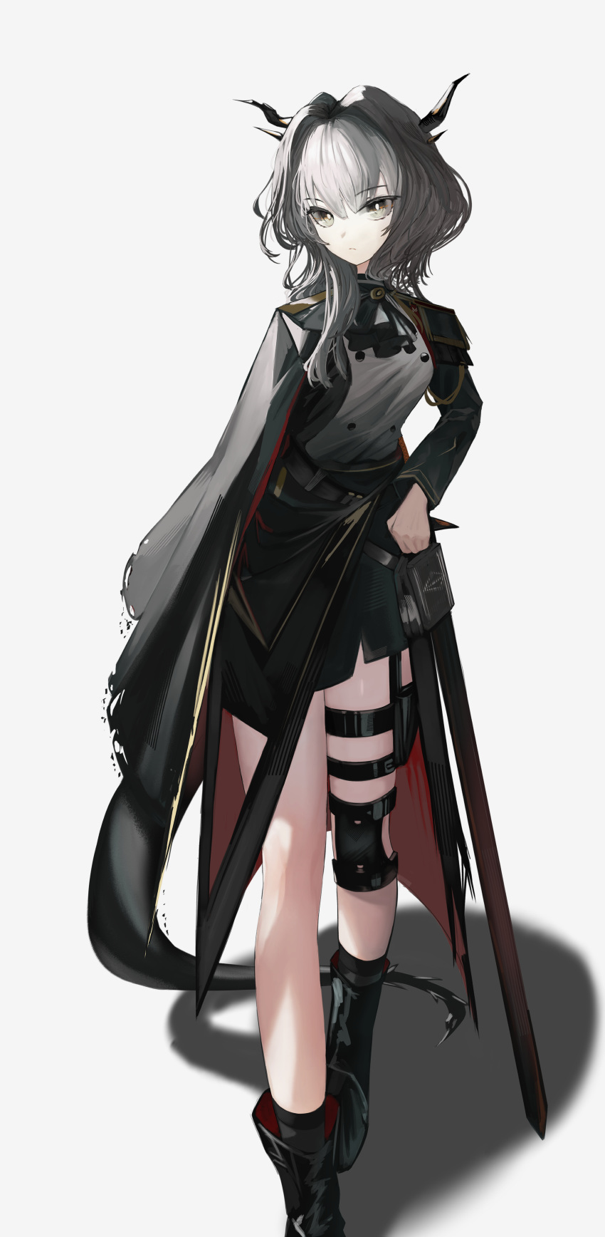 1girl, absurdres, arknights, ascot, black_ascot, black_cape, black_footwear, black_shirt