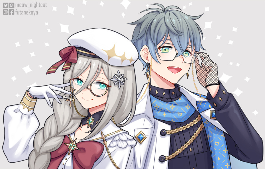 1boy, 1girl, aia_amare, aqua_eyes, black_shirt, blonde_hair, blue_hair, bow