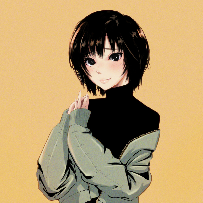 1girl, amagami, black_eyes, black_hair, black_sweater, closed_mouth, green_jacket, highres