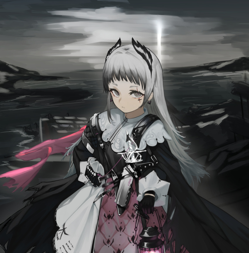 1girl, absurdres, ammunition_belt, arknights, black_dress, black_gloves, dress, earrings