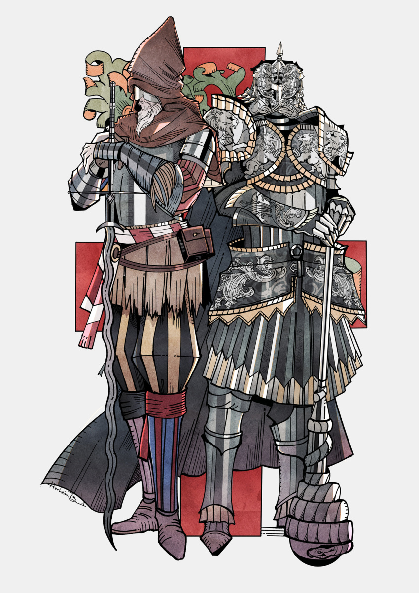 2boys, armor, beard, bernahl_(elden_ring), black_cape, cape, cross, denny626