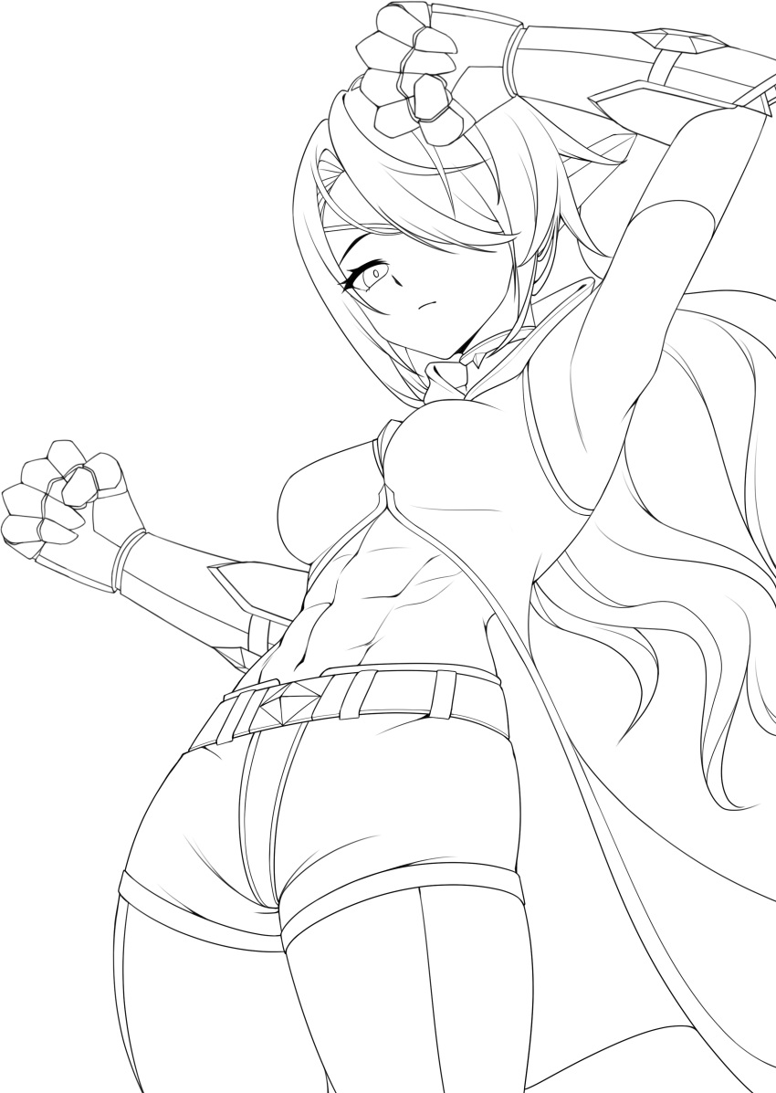 16_color, 1girl, abs, absurdres, alternate_costume, armor, belt, bodystocking, boots, breasts, coattails, commission, commissioner_upload, eyepatch, fighting, fighting_stance, frown, gauntlets, gem, highres, hood, lineart, long_hair, looking_at_viewer, lydia_macarthur, medium_breasts, mega_man_(series), mega_man_zero_(series), non-web_source, original, pendracore, ponytail, robot_ears, shorts, sleeveless, thighs, white_background