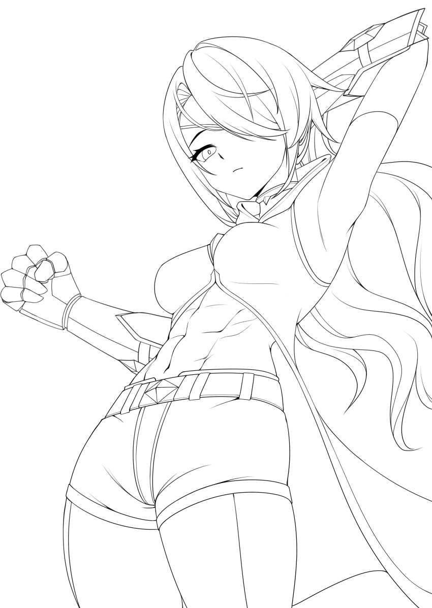 16_color, 1girl, abs, absurdres, alternate_costume, armor, belt, bodystocking, boots, breasts, coattails, commission, commissioner_upload, eyepatch, fighting, fighting_stance, frown, gauntlets, gem, hand_in_own_hair, highres, hood, lineart, long_hair, looking_at_viewer, lydia_macarthur, medium_breasts, mega_man_(series), mega_man_zero_(series), non-web_source, original, pendracore, ponytail, robot_ears, shorts, sleeveless, thighs, white_background