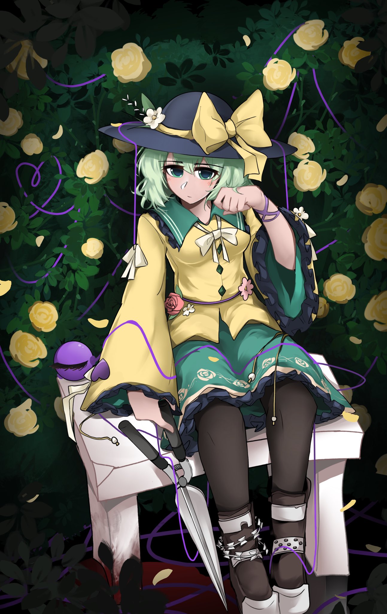 1girl, black_background, black_headwear, bow, commentary, flower, full_body, green_eyes