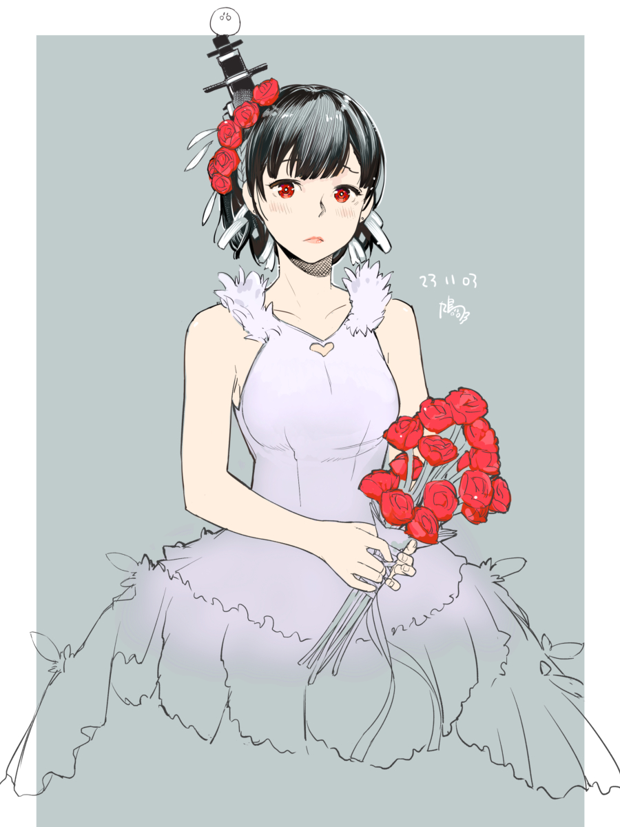 1girl, alternate_costume, black_hair, bouquet, dress, grey_background, hair_ornament, headgear