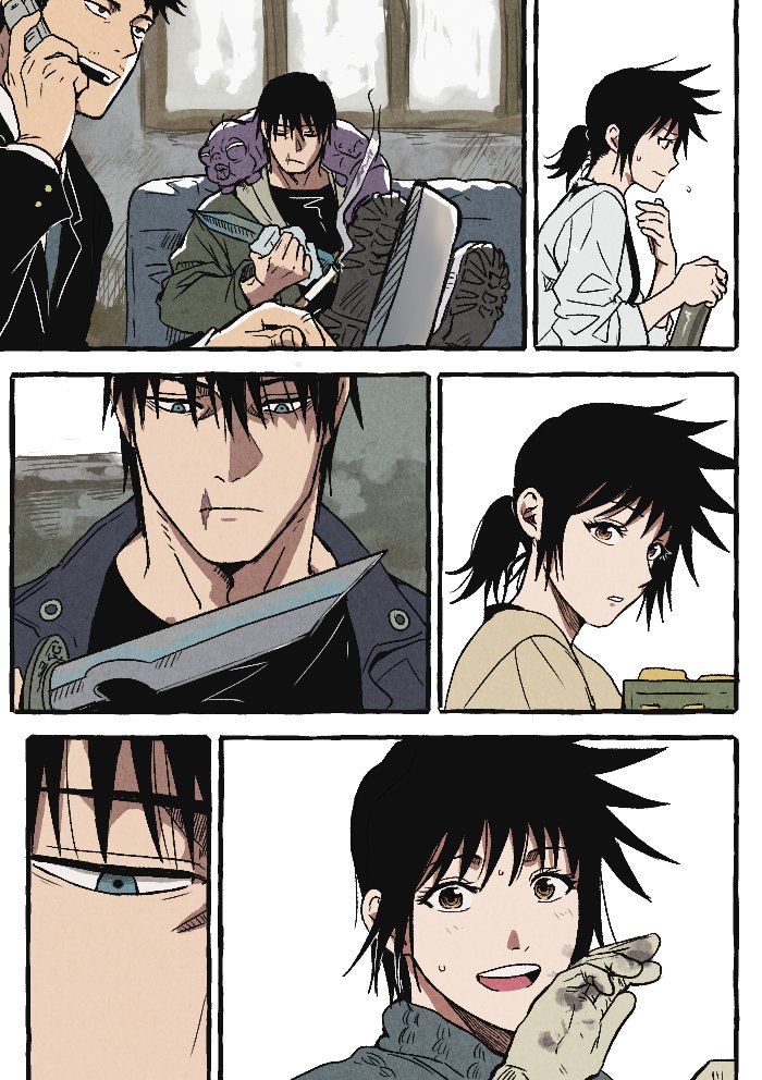 1girl, 2boys, black_eyes, black_hair, black_jacket, black_shirt, brown_eyes, brown_gloves